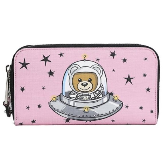 💕MOSCHINO💕 Space Ship Bear Zip Around Wallet Pink NWT 100% Leather - Picture 2 of 14